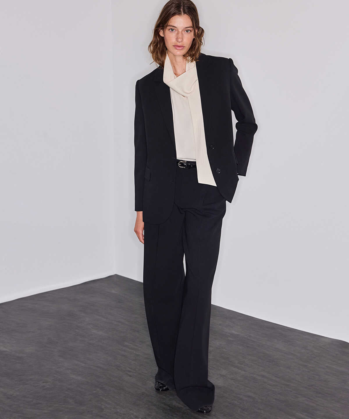 Croc-Embossed Belted Wide-Leg Trousers
