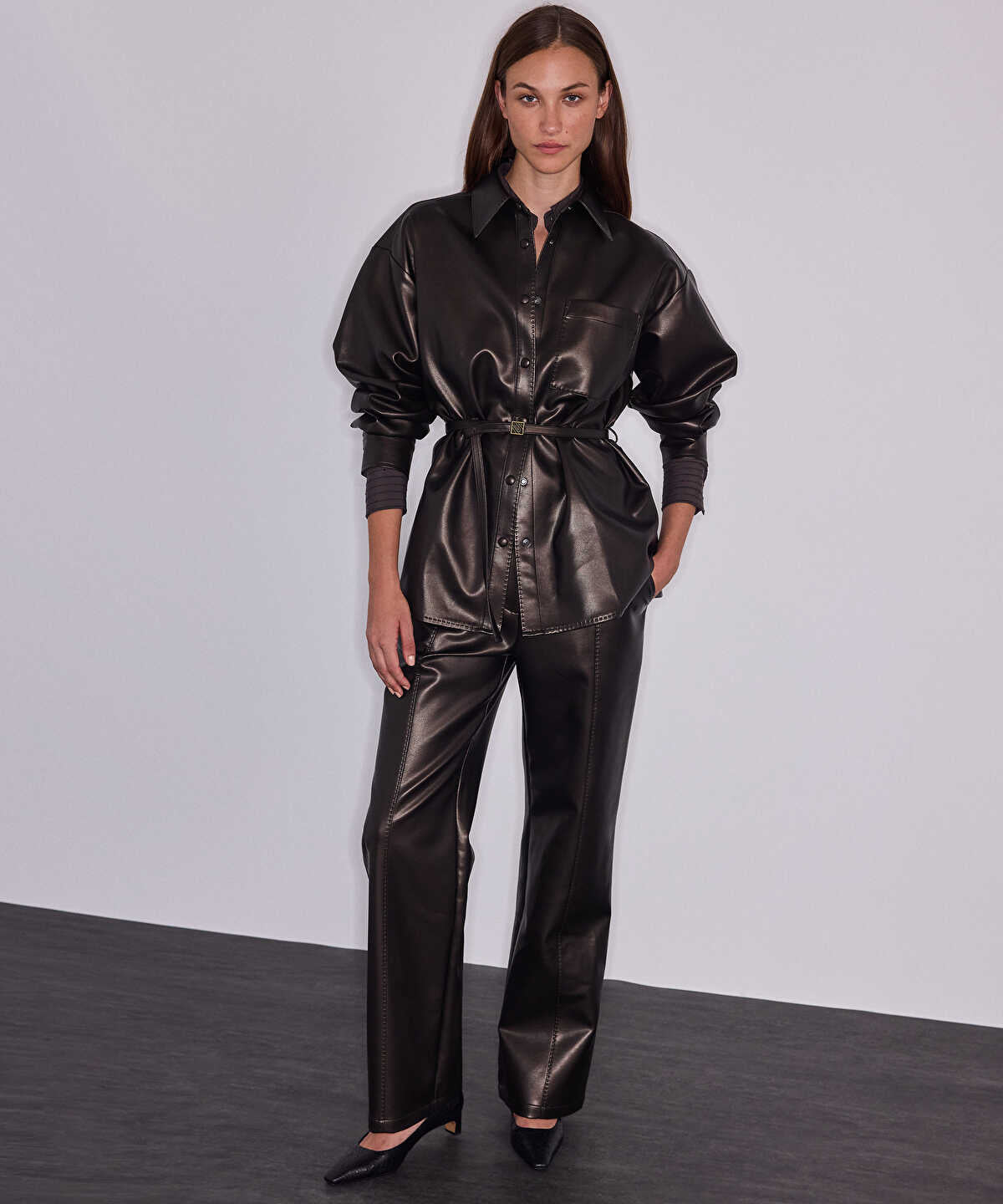 Faux-Leather Wide-Leg Trousers