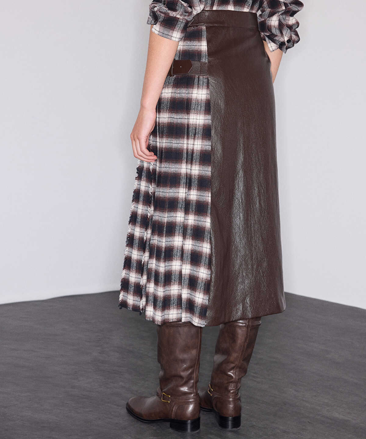 Check-Panel Faux-Leather Skirt