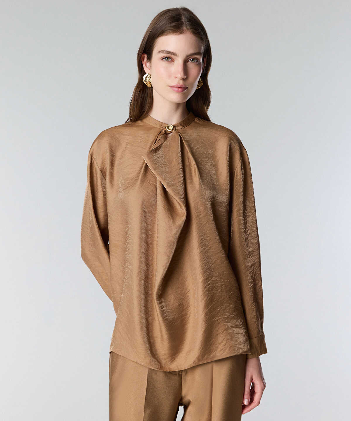 Draped-Neck Shimmer Blouse