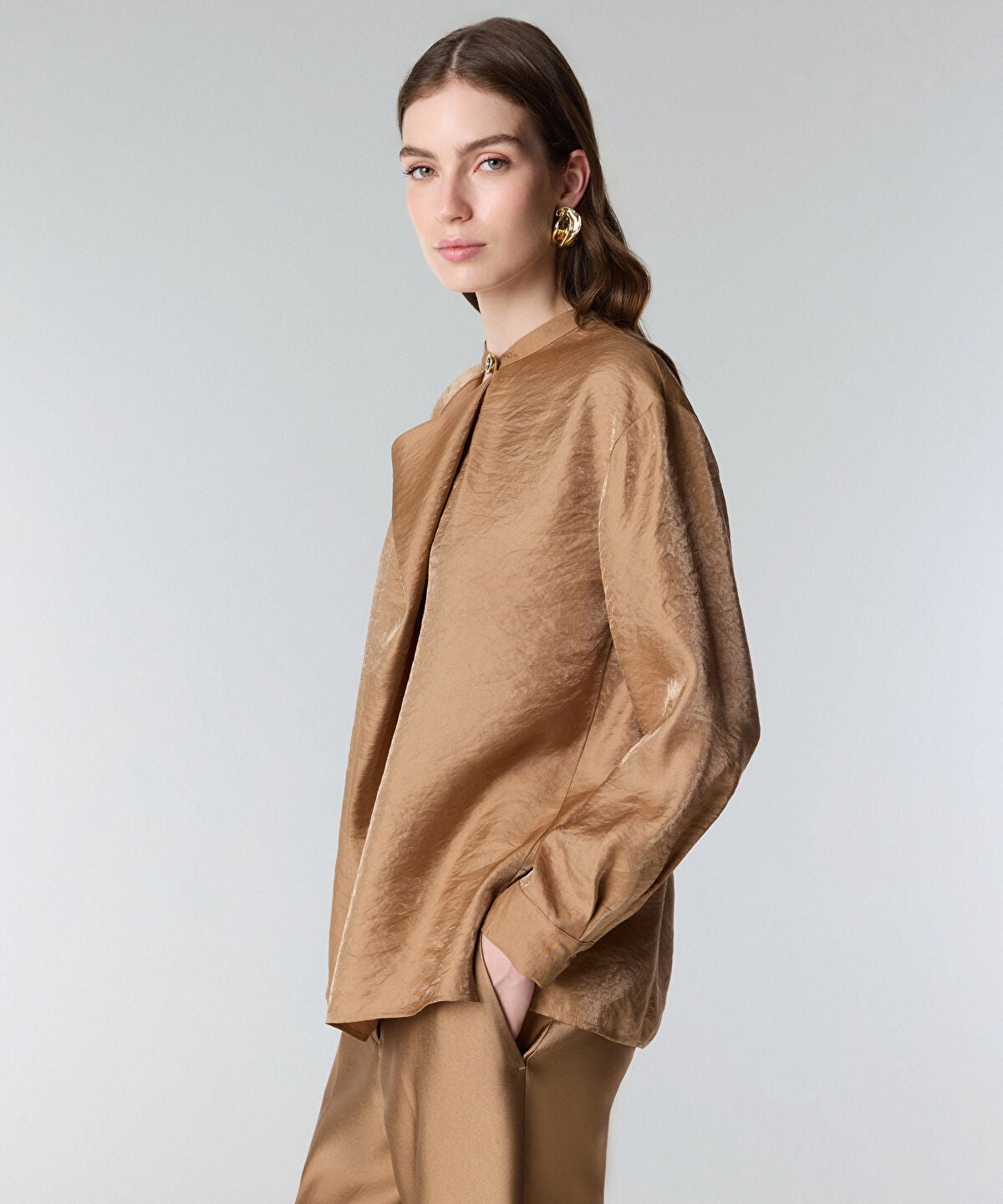 Draped-Neck Shimmer Blouse