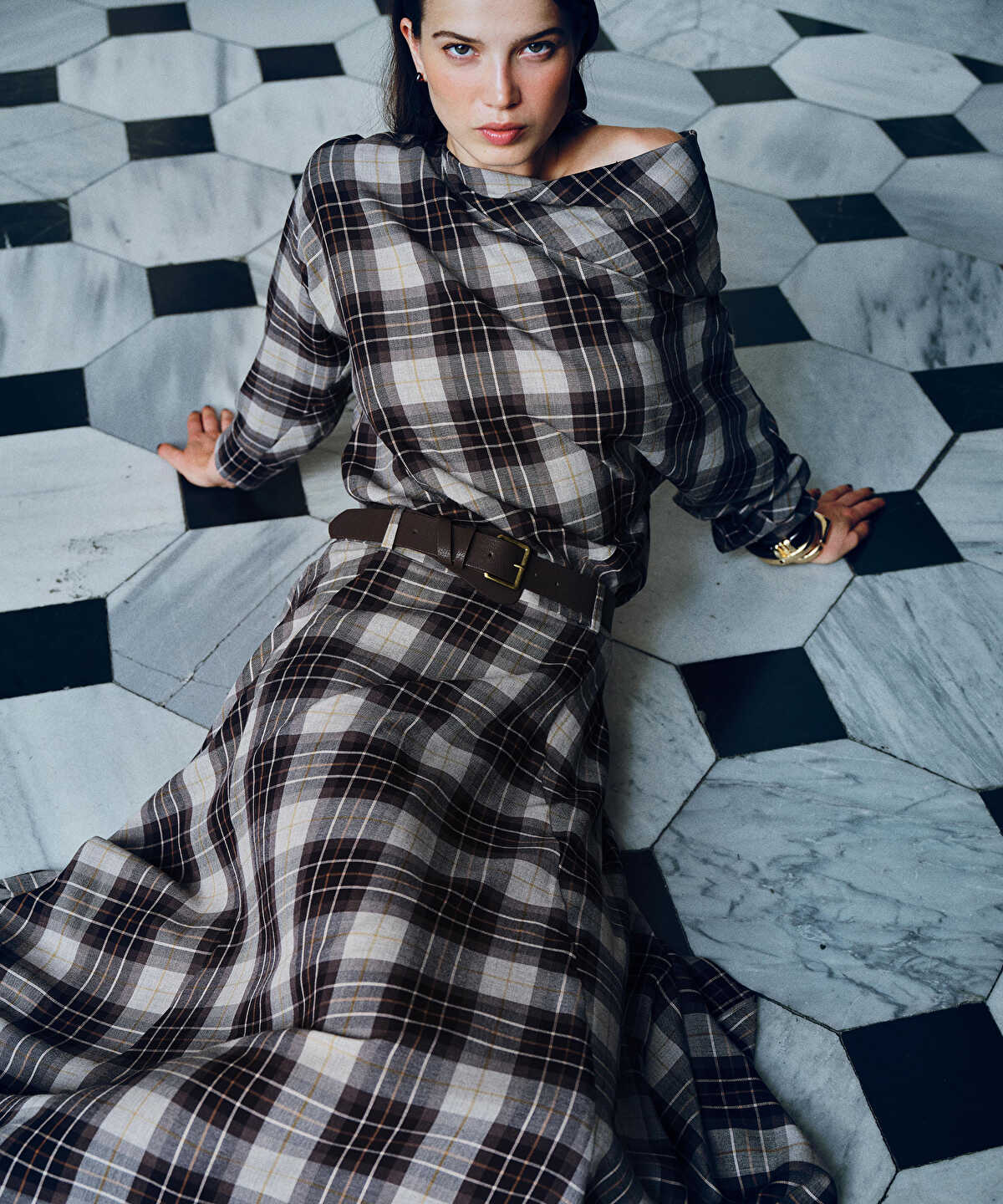 Plaid Boat-Neck Blouse