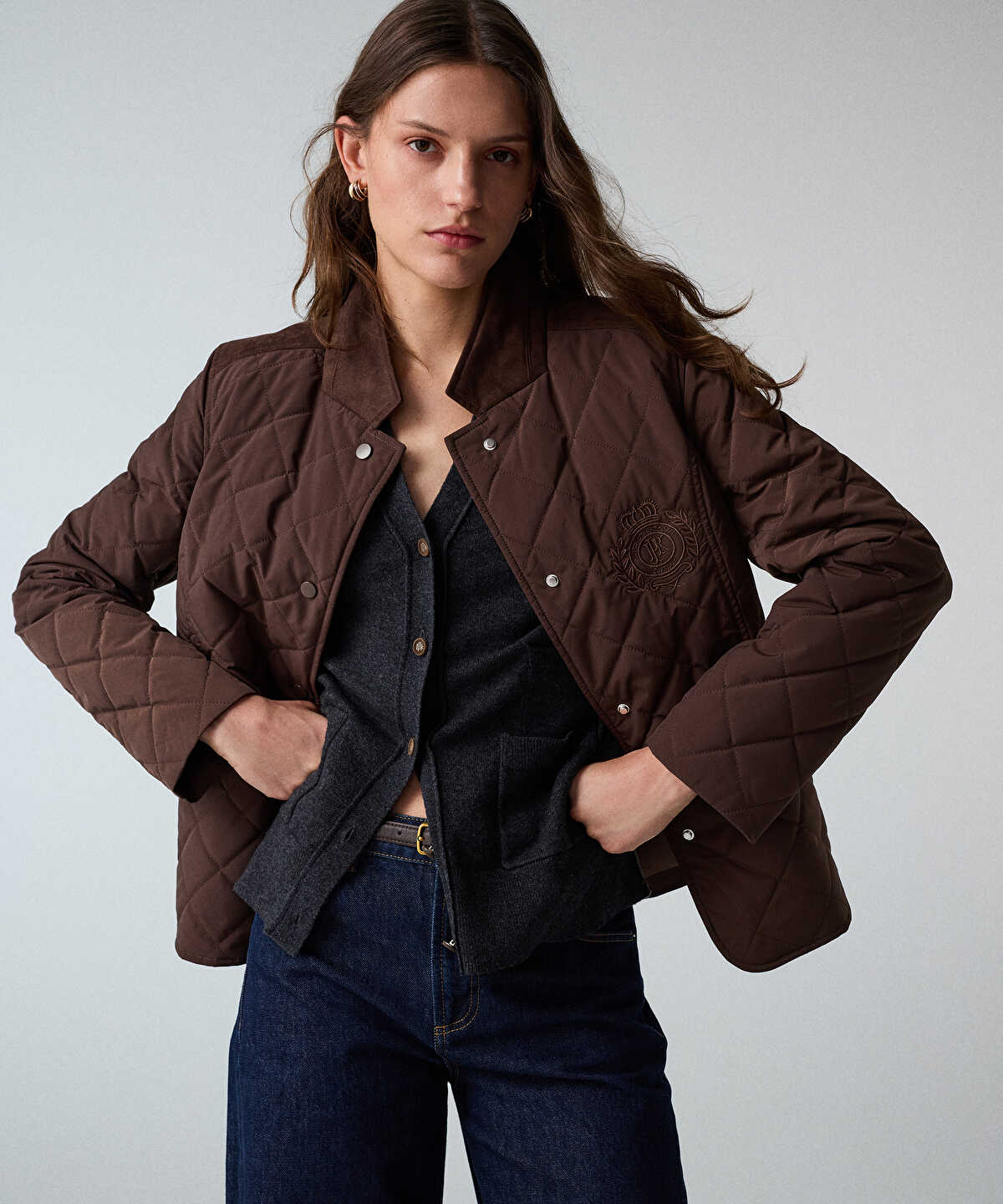Embroidered Suede-Trim Quilted Coat