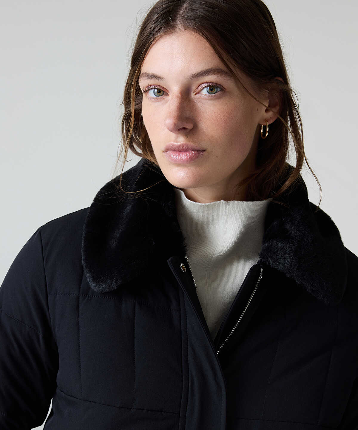 Puffer Coat with Faux Fur Collar