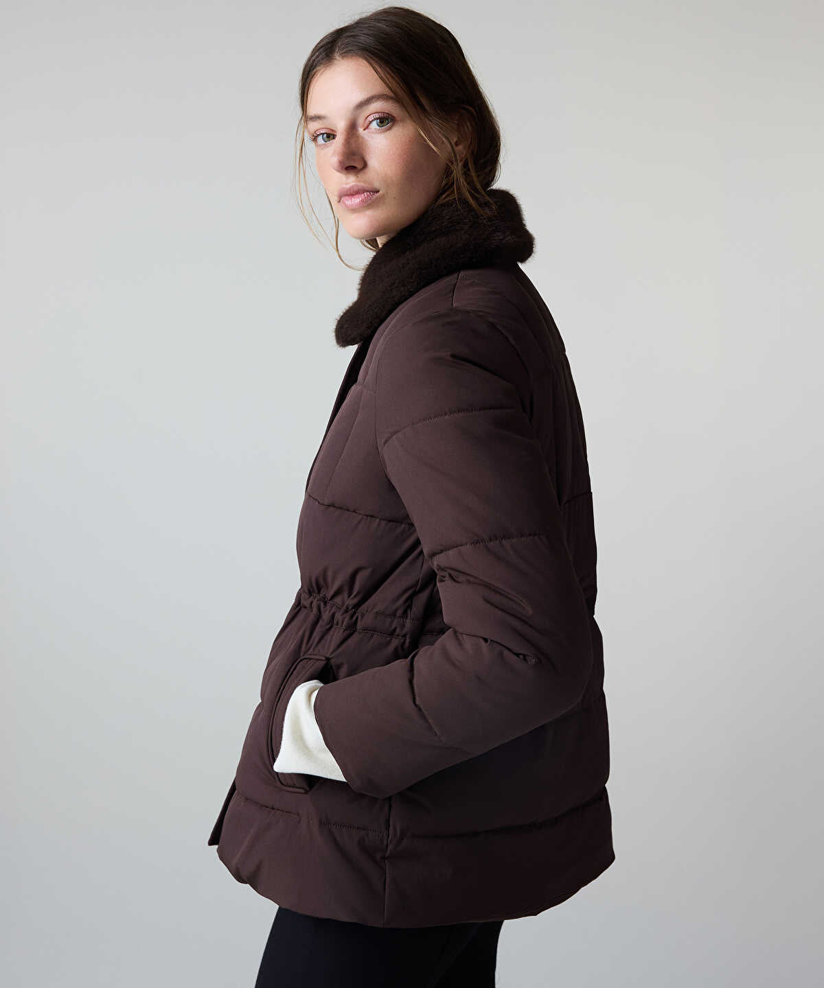 Puffer Coat with Faux Fur Collar