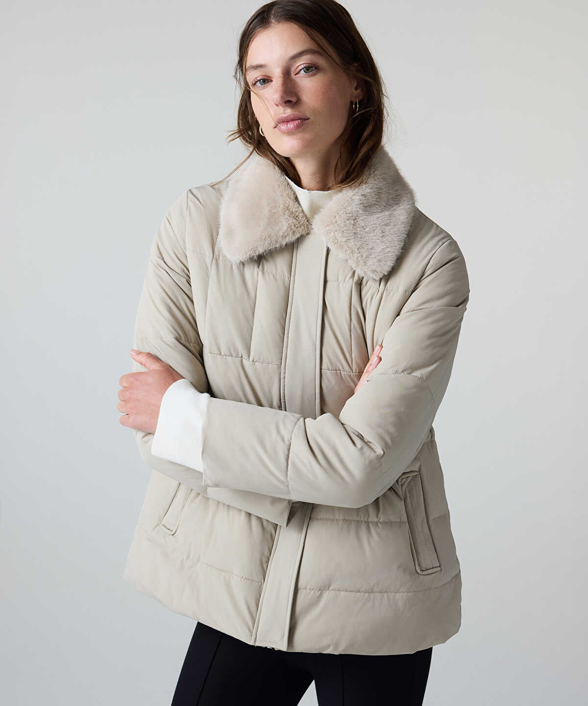 Puffer Coat with Faux Fur Collar