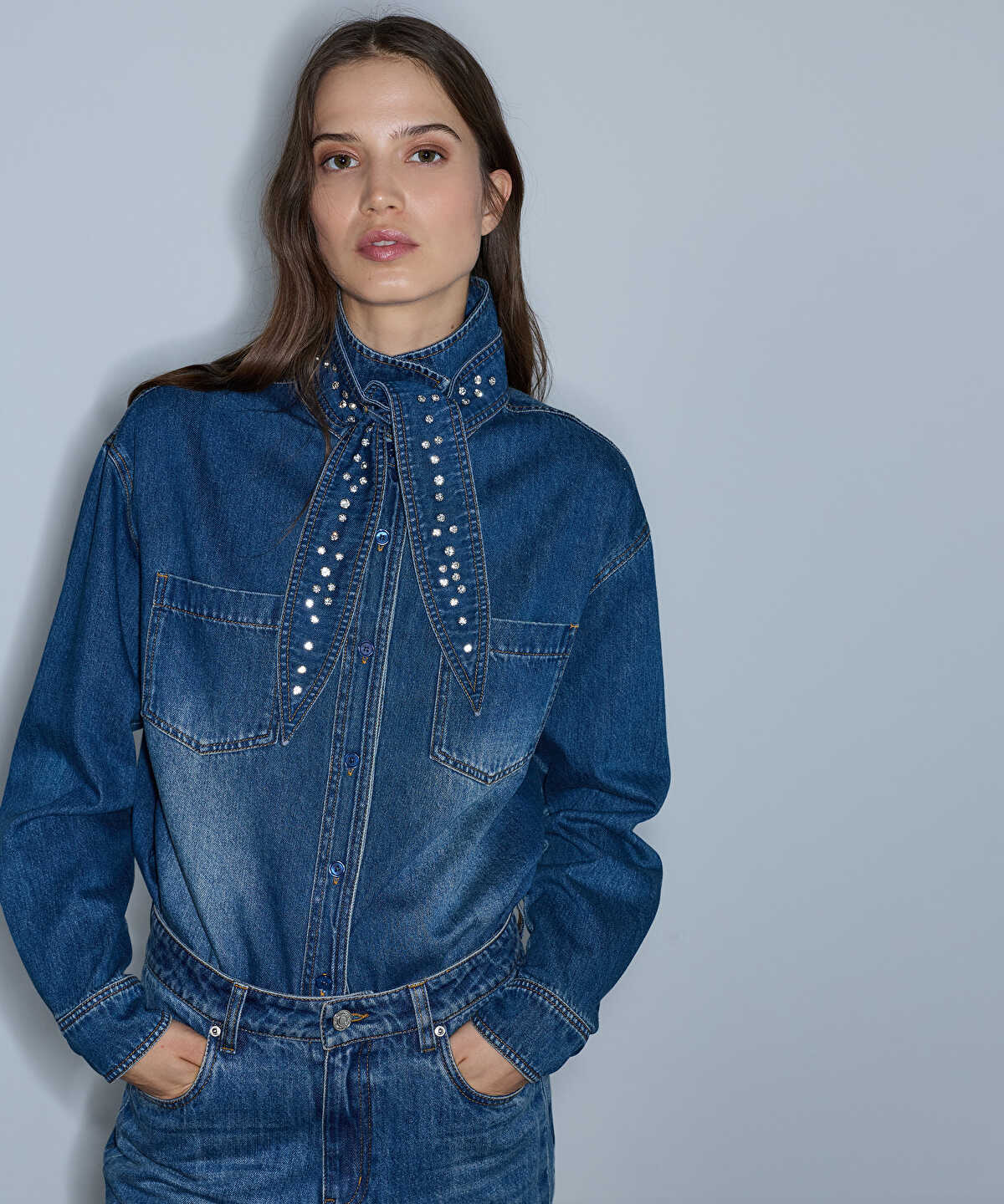 Denim Shirt with Detachable Scarf