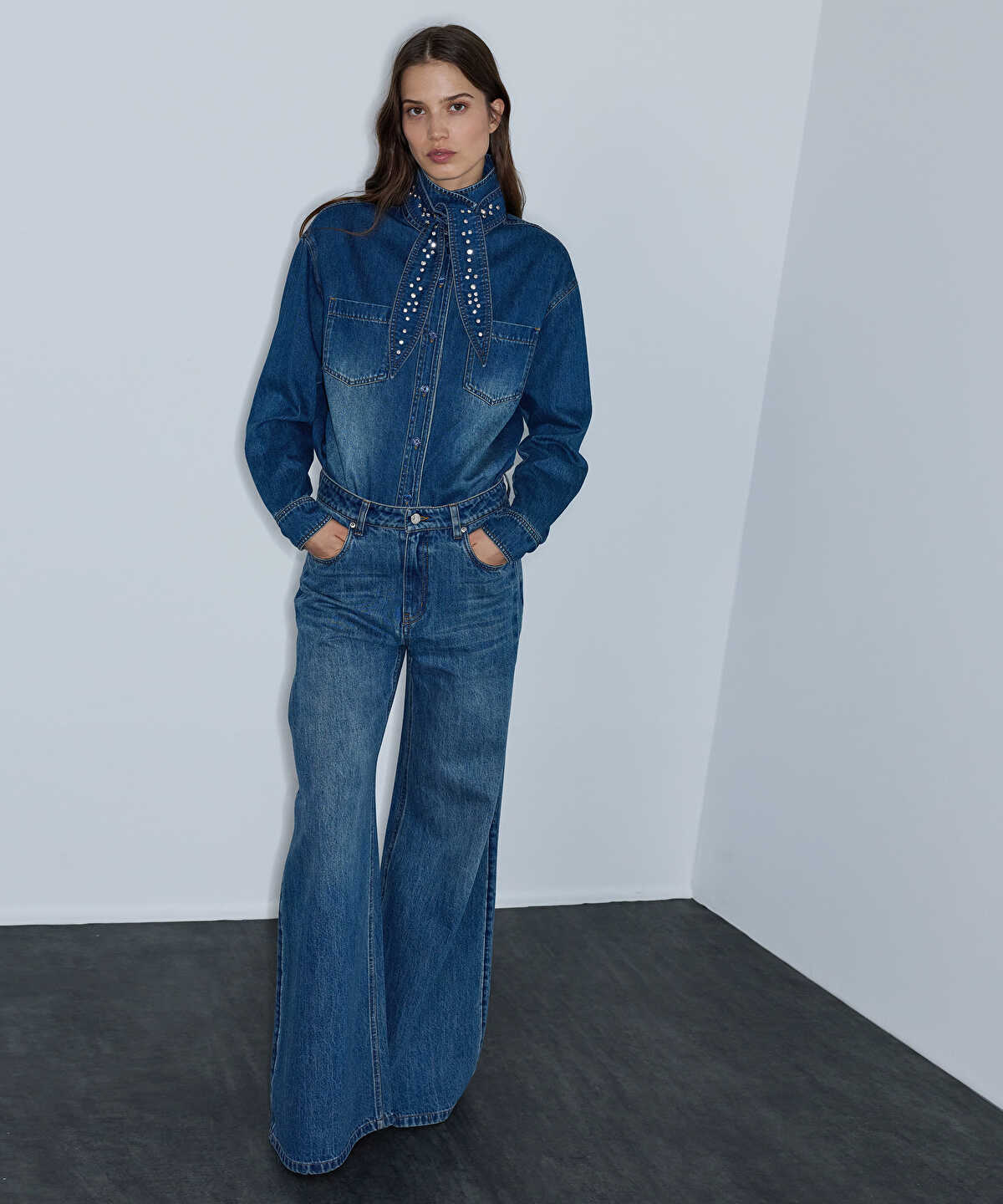 Denim Shirt with Detachable Scarf
