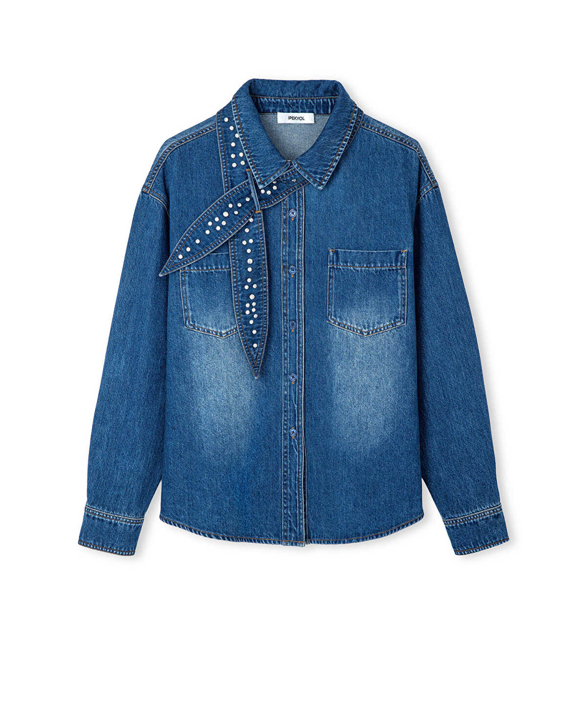 Denim Shirt with Detachable Scarf
