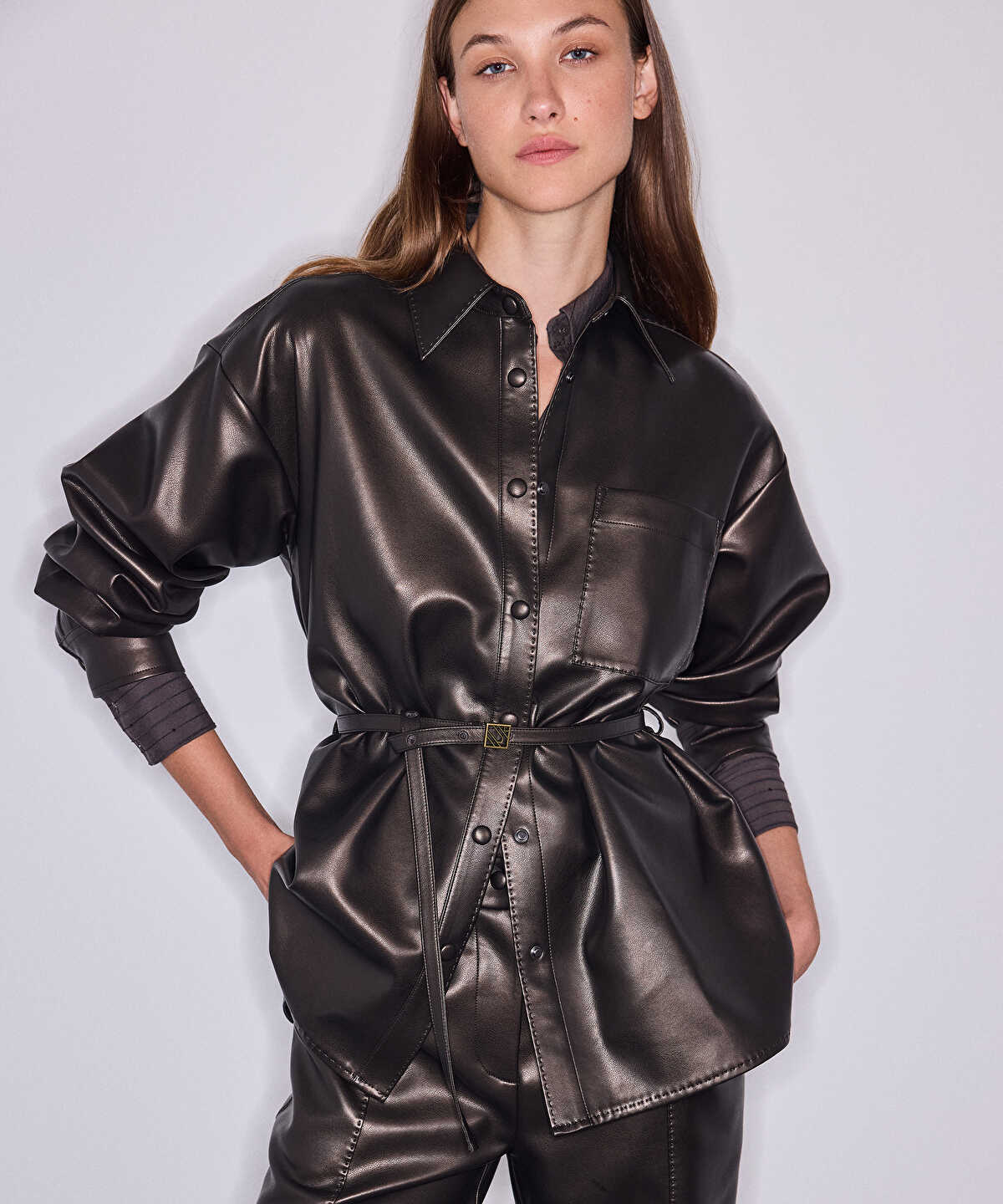 Belted Leather-Effect Shirt