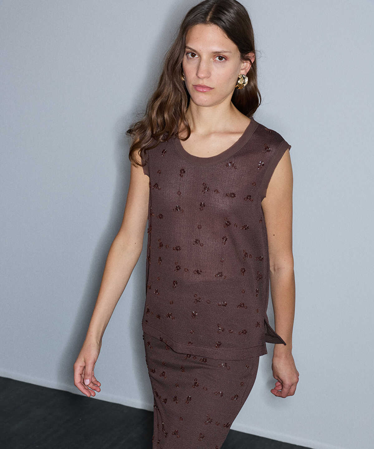 Embellished Combination Knit Top