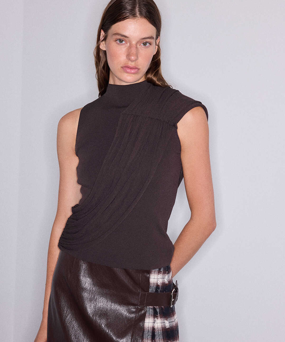 Asymmetric Draped High-Neck Knit Top