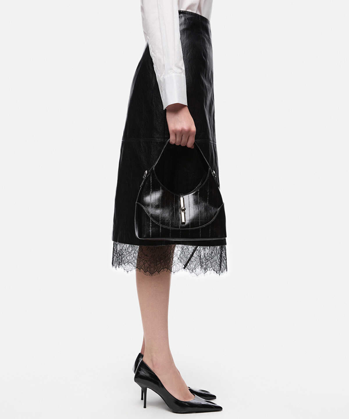 Metal-Buckle Faux-Leather Oval Bag