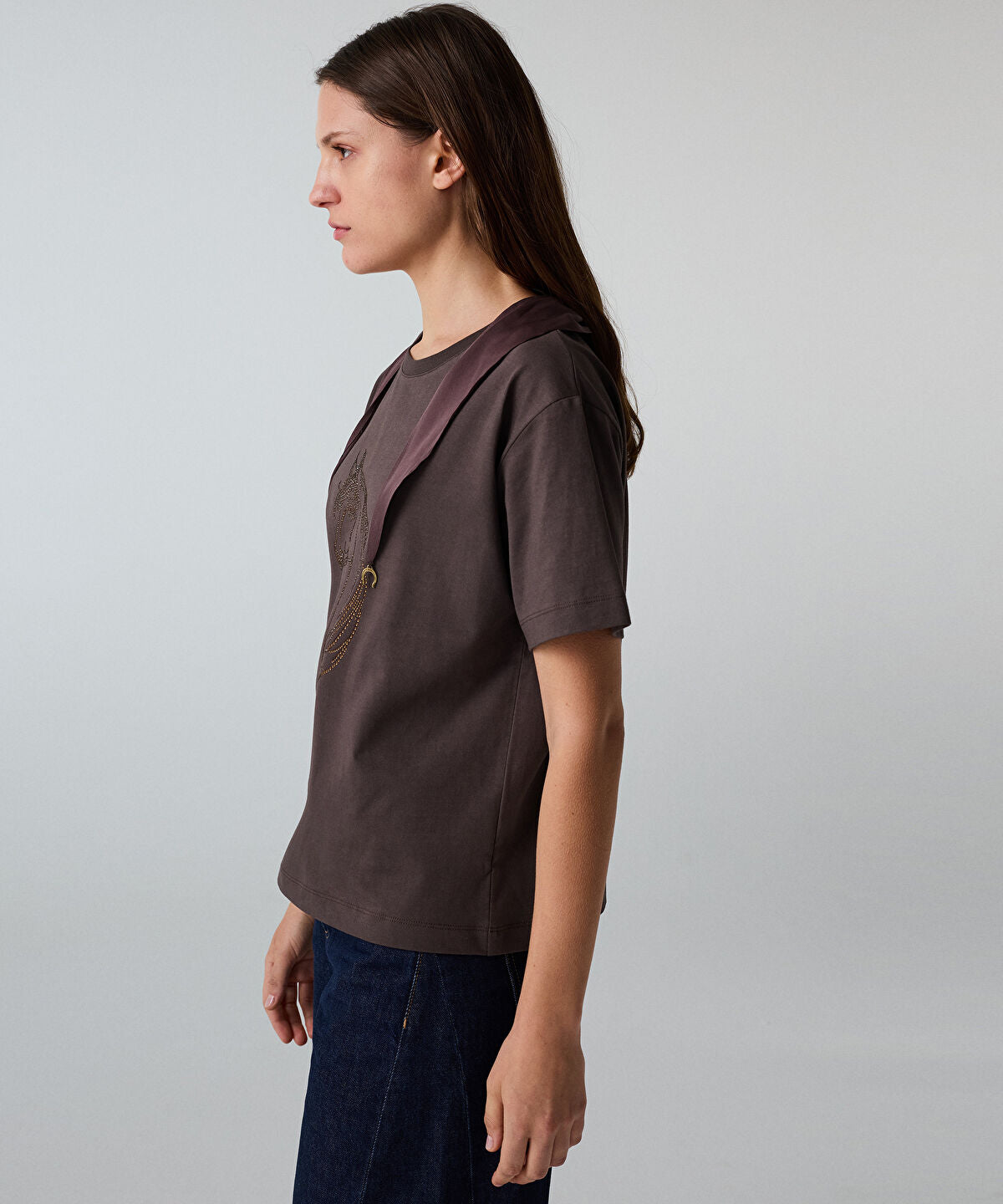 Rhinestone T-Shirt with Detachable Scarf