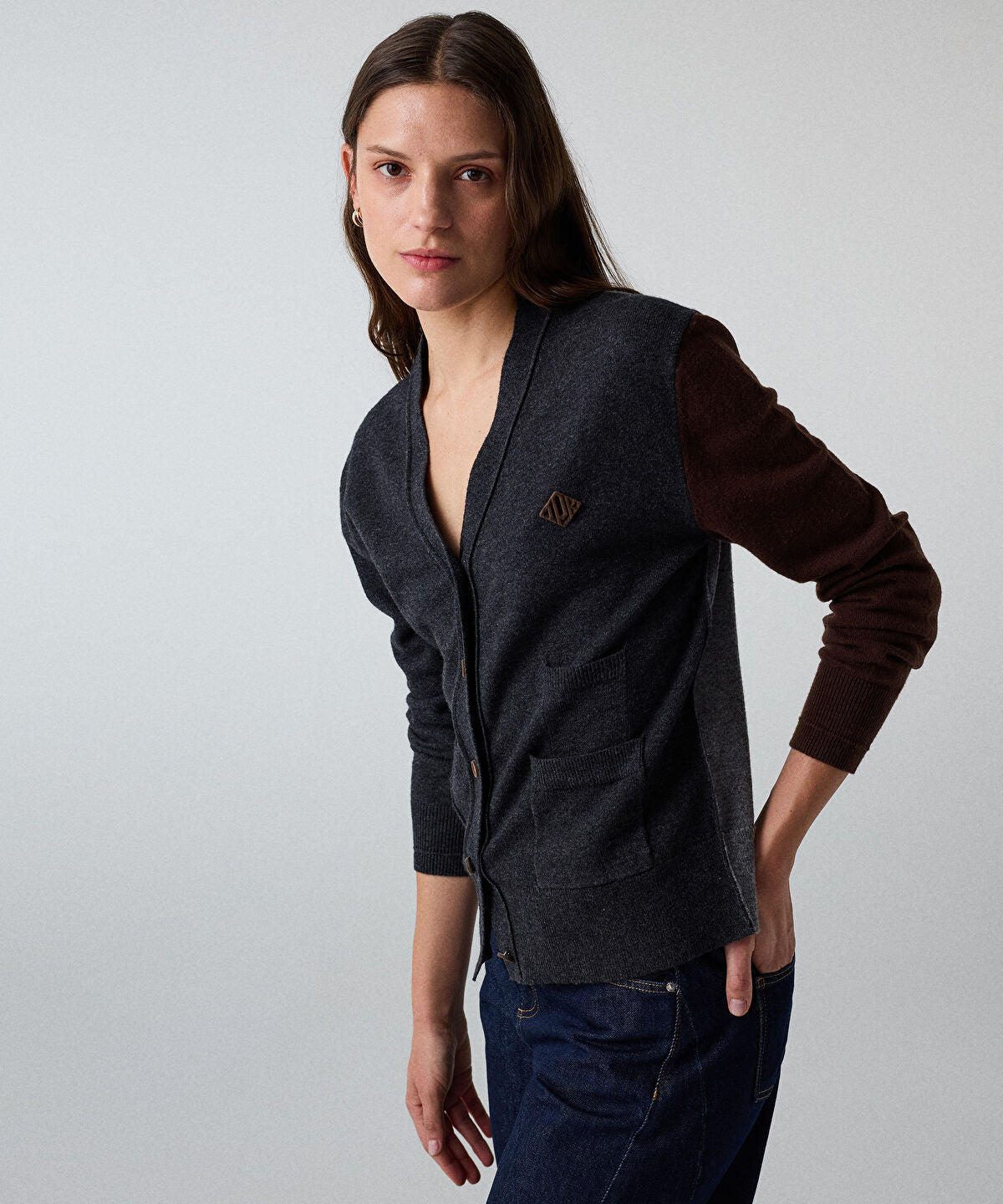 Color-Block Cardigan with Brooch