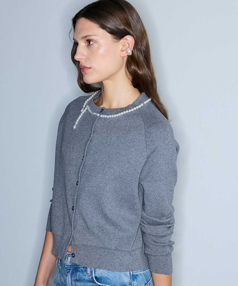 Faux-Pearl Collar Cardigan