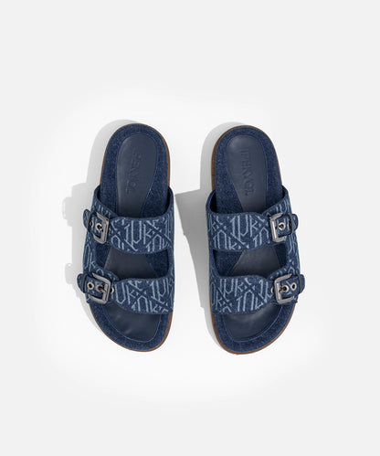Monogram denim double-strap slippers