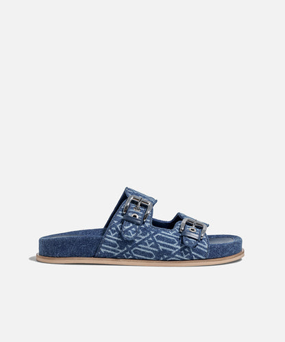 Monogram denim double-strap slippers