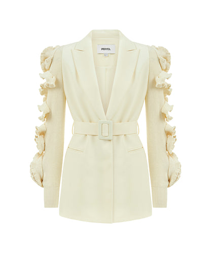 Belted jacket with raised flowers