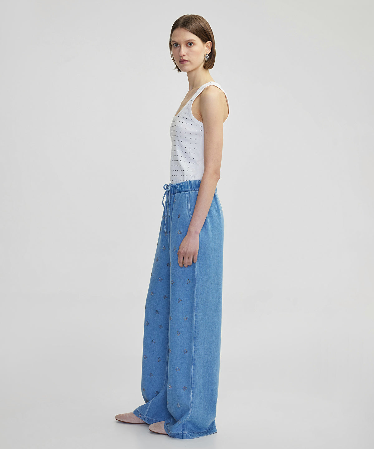 Zoomed Denim Rhinestone Trousers