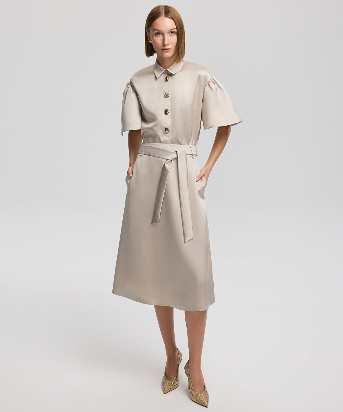 Zoomed Belted Satin Skirt