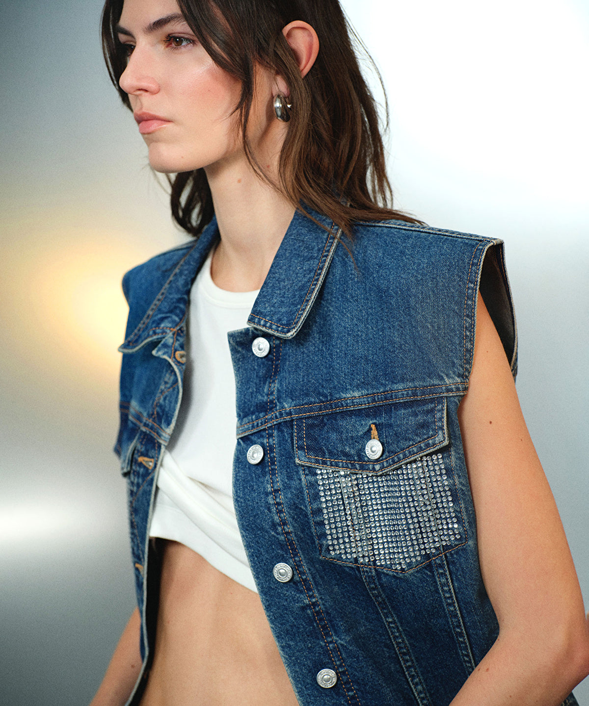 Zoomed Denim Vest with Rhinestones