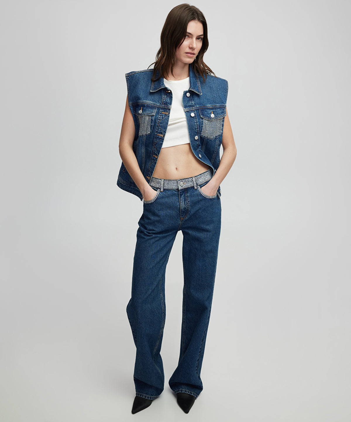 Zoomed Denim Vest with Rhinestones