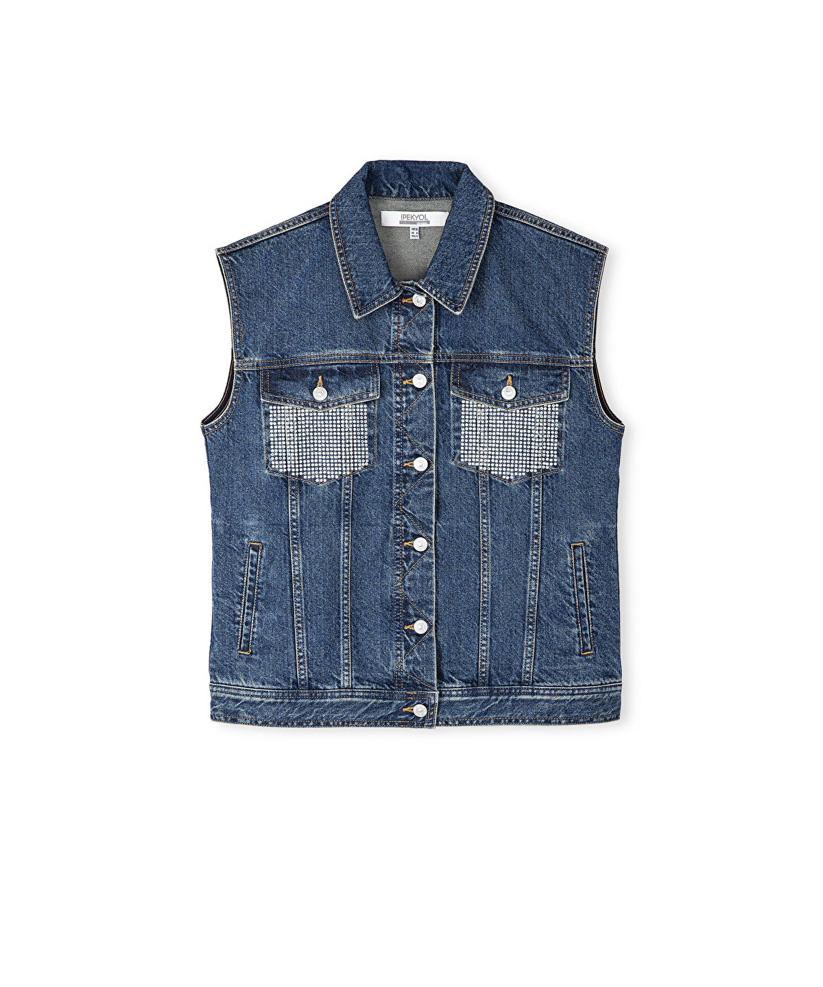 Zoomed Denim Vest with Rhinestones