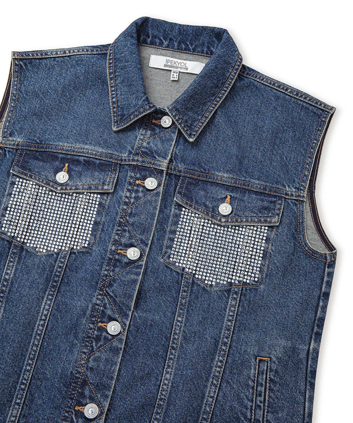 Zoomed Denim Vest with Rhinestones