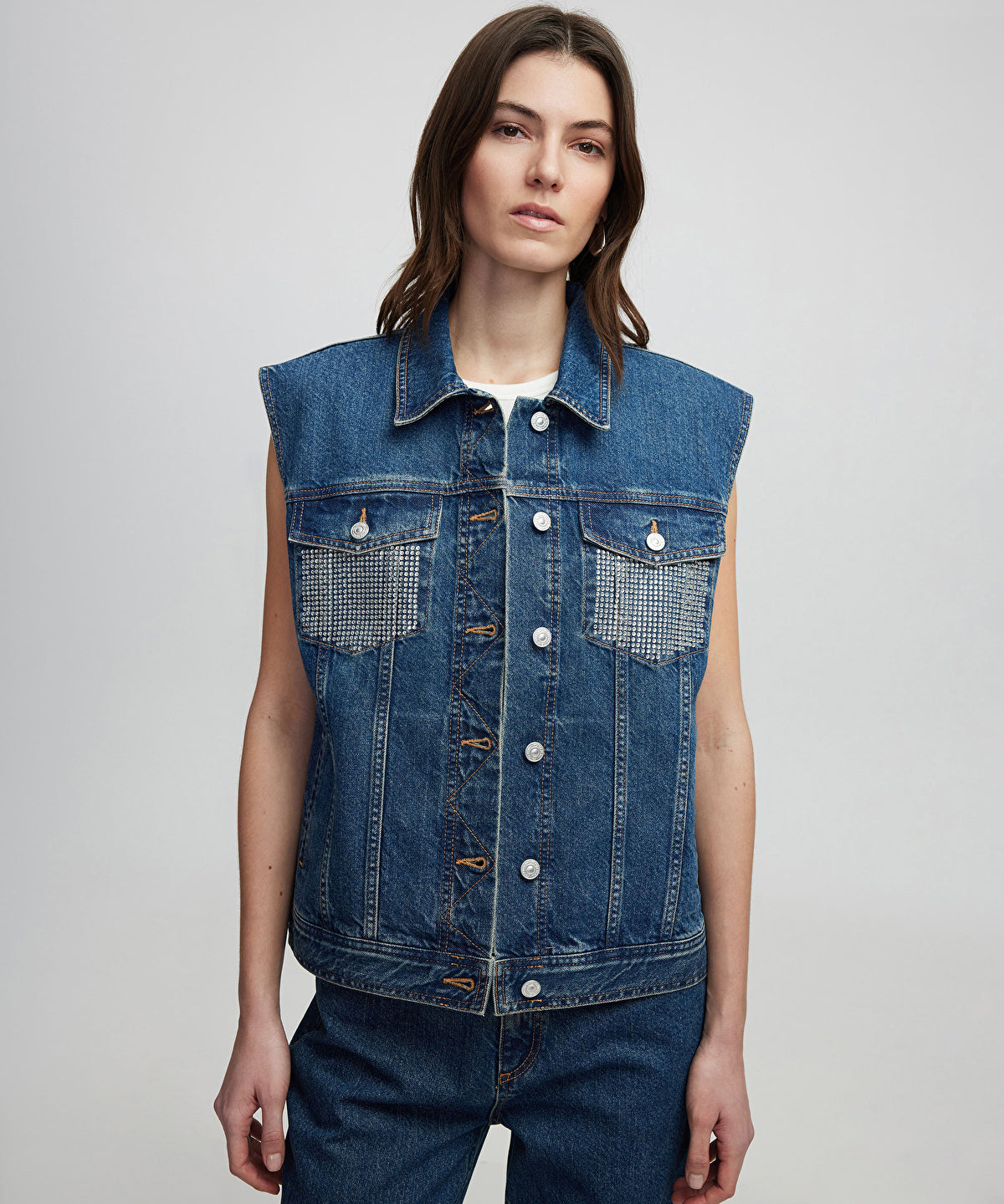 Zoomed Denim Vest with Rhinestones