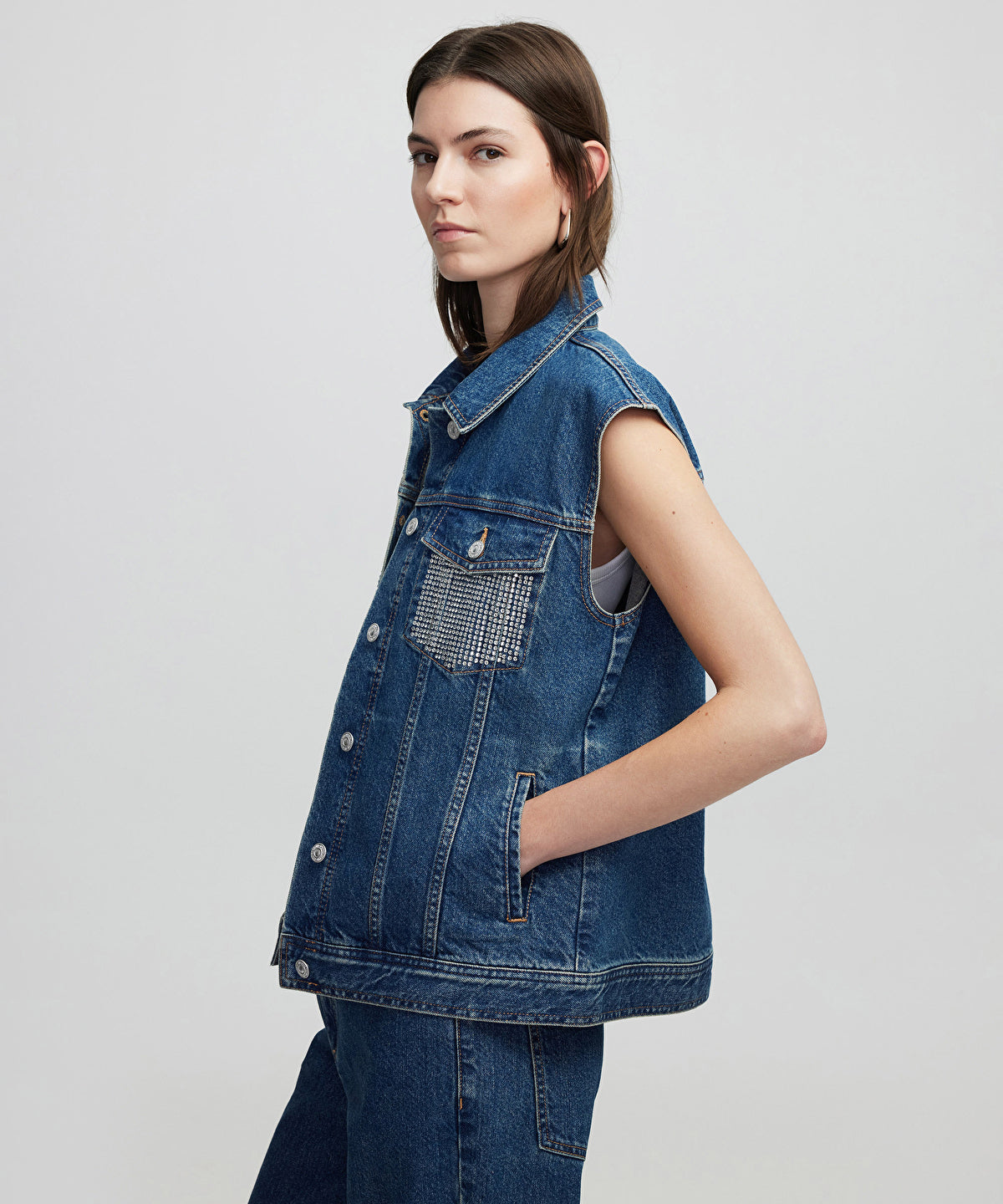 Zoomed Denim Vest with Rhinestones