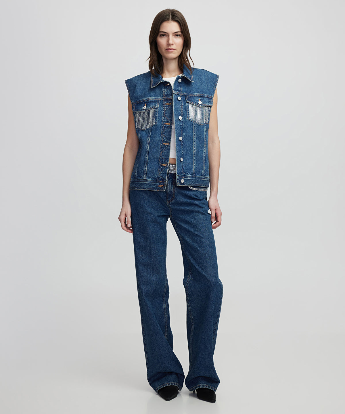 Zoomed Denim Vest with Rhinestones