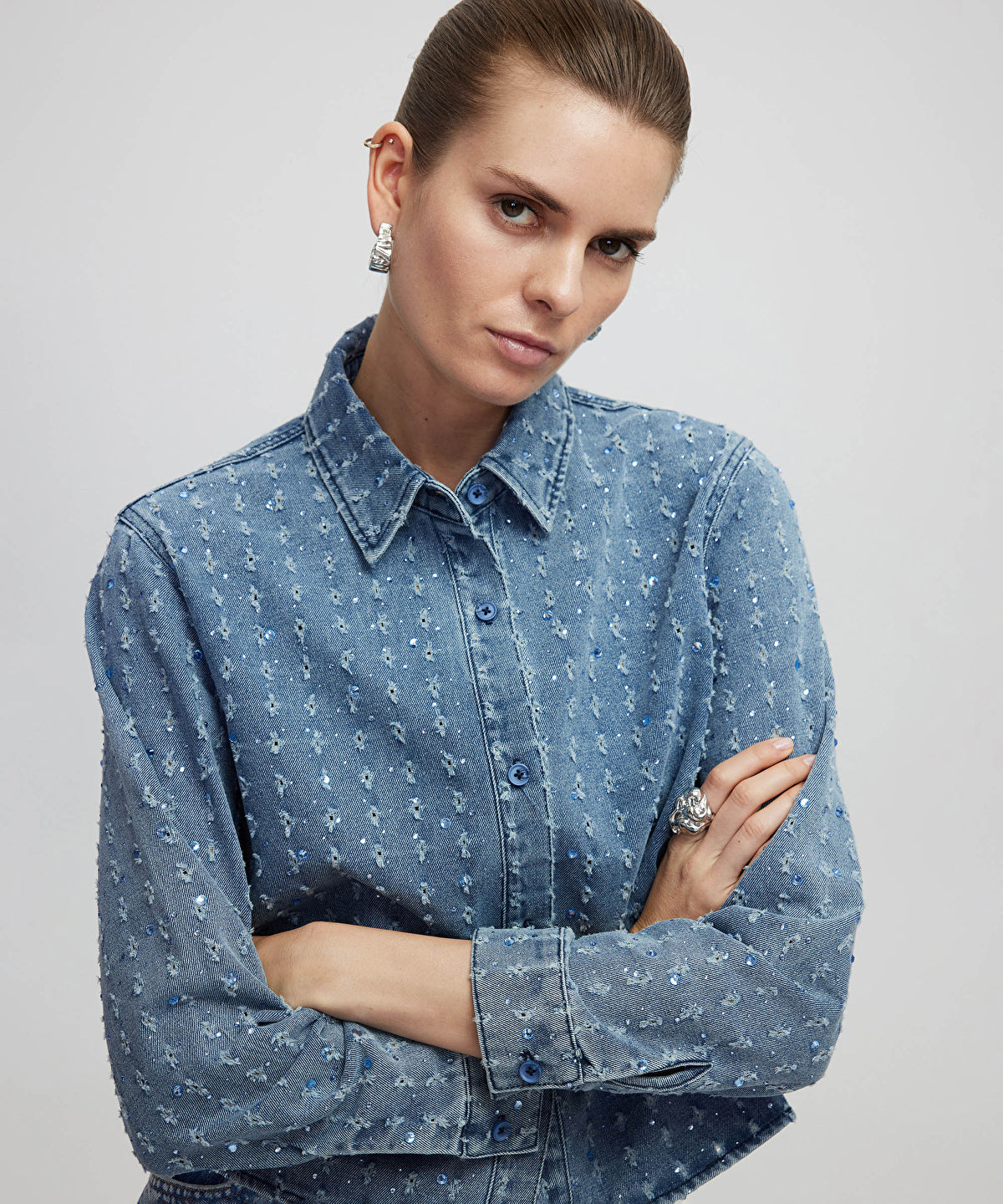 Zoomed Rhinestone Denim Shirt