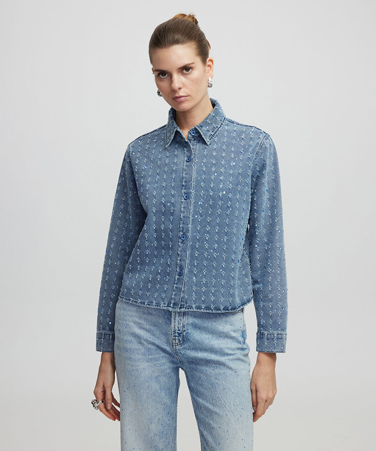 Zoomed Rhinestone Denim Shirt
