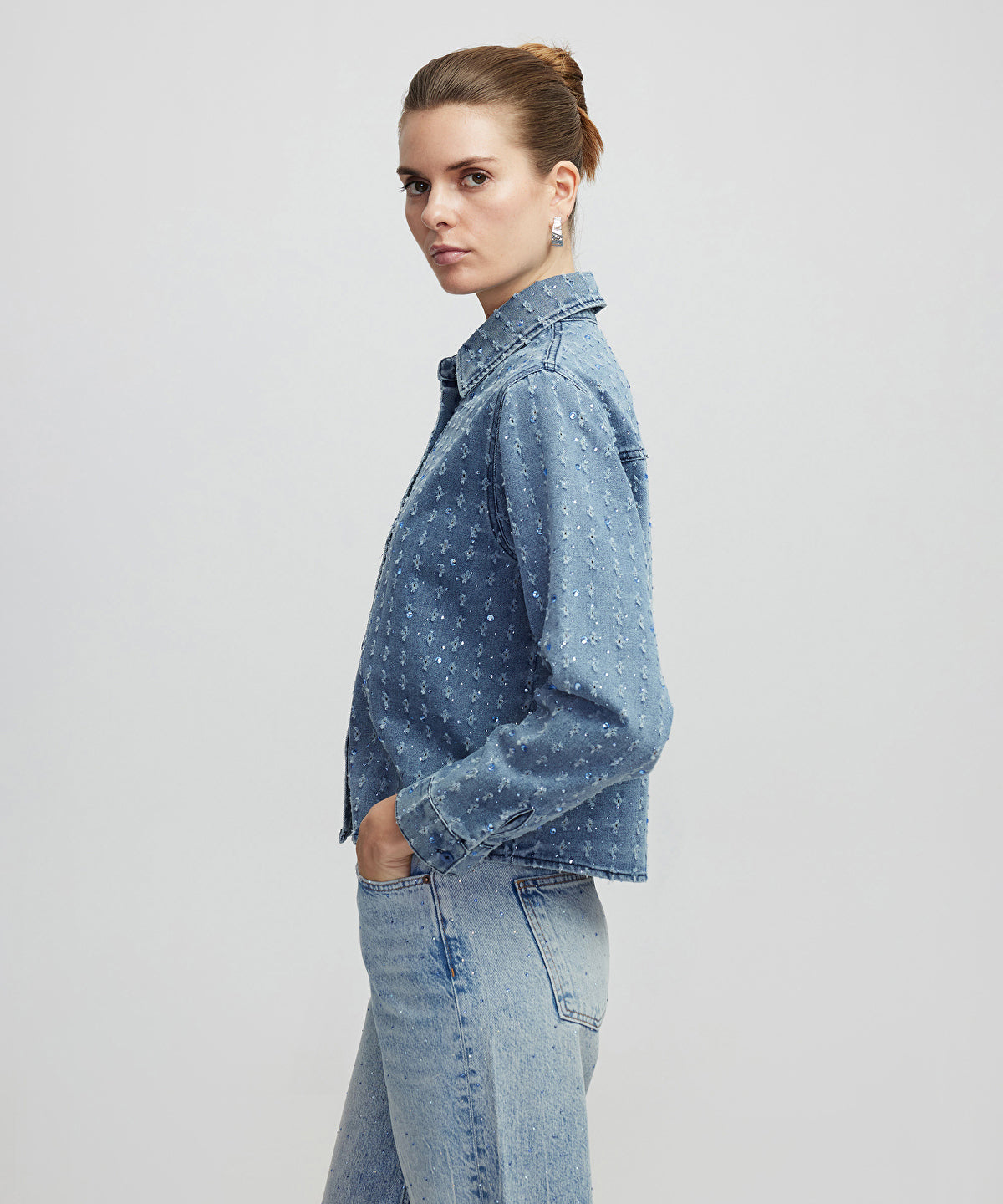 Zoomed Rhinestone Denim Shirt