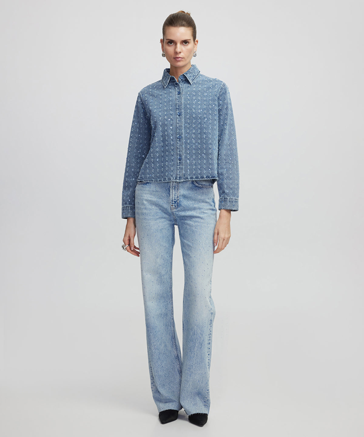Zoomed Rhinestone Denim Shirt