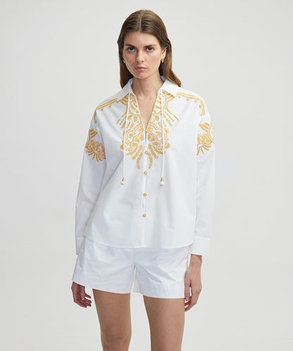 Embroidered Tie Neck Shirt