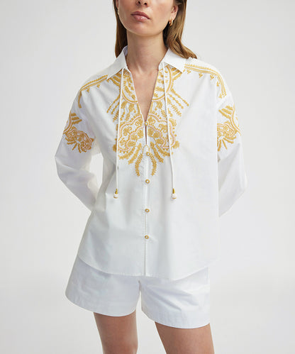Embroidered Tie Neck Shirt
