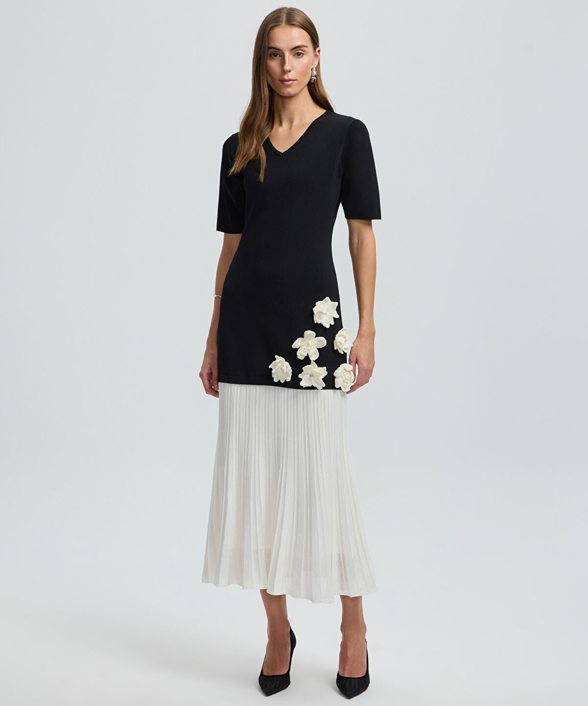 Color-Block Dress with Floral Applique