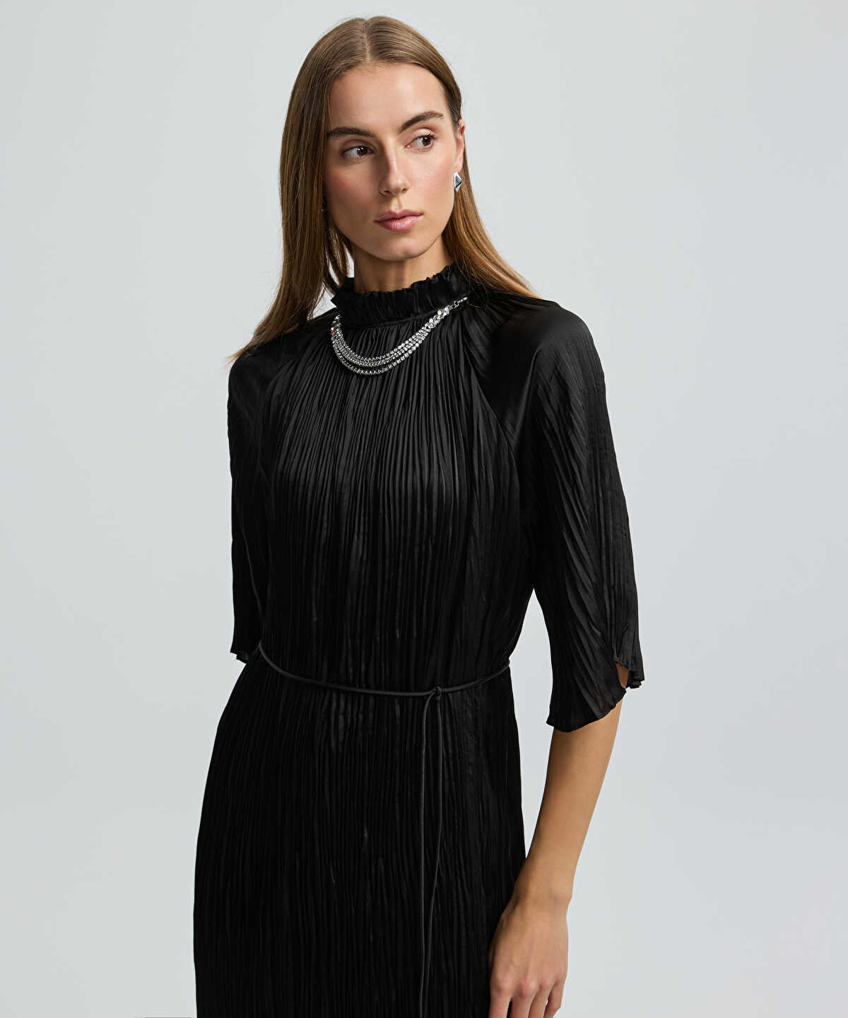 Crinkle-Effect Embellished Dress