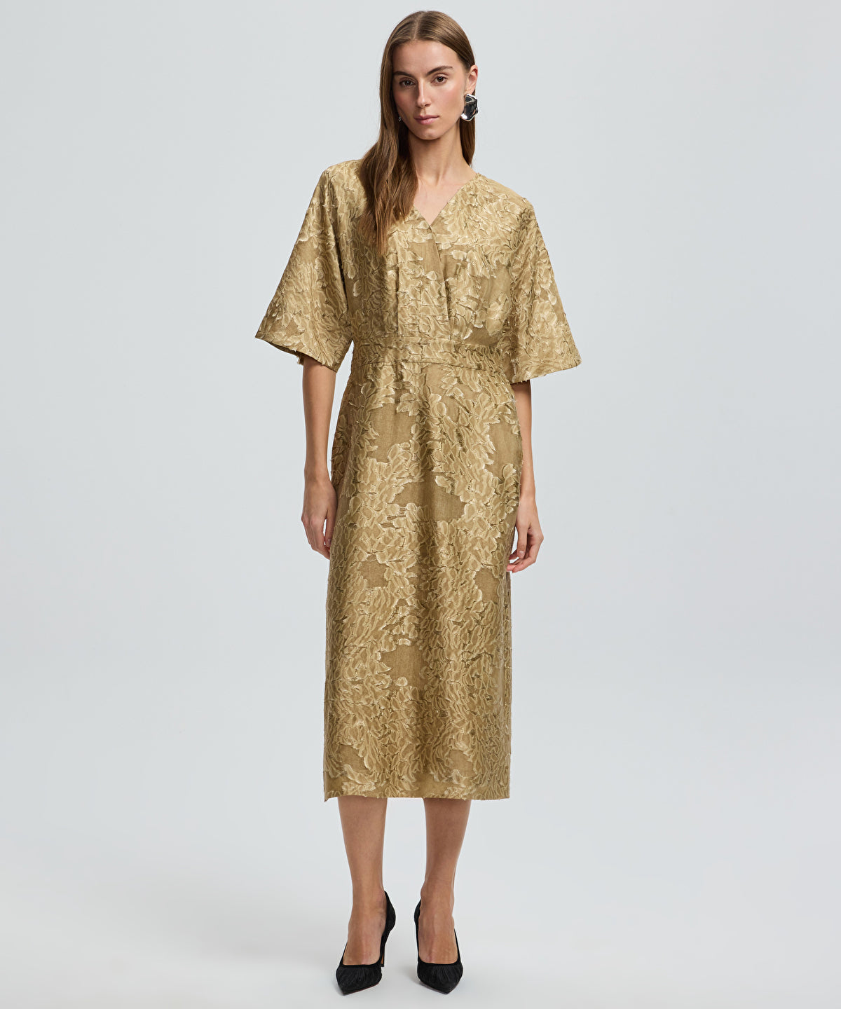 Zoomed Jacquard V-Neck Midi Dress