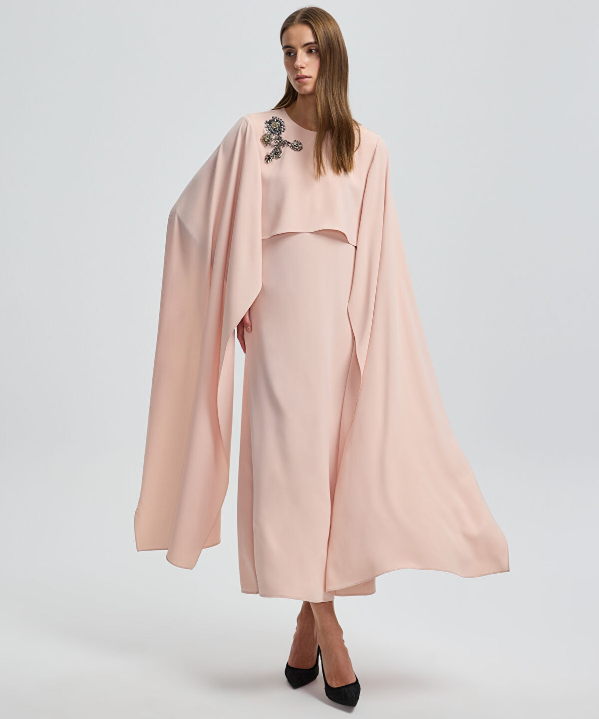 Zoomed Cape-Effect Layered Dress