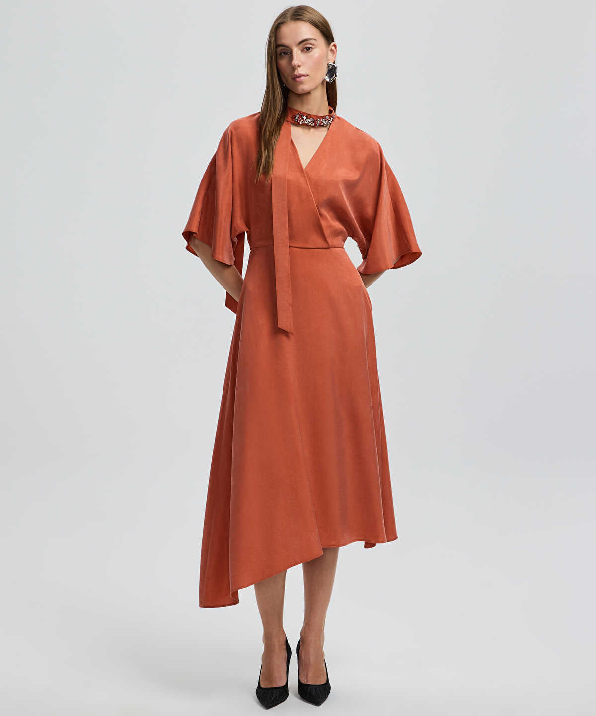 Midi Dress with Embellished Scarf 