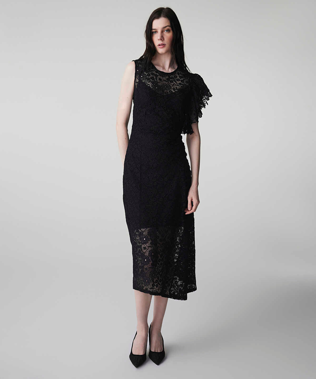 Asymmetric Lace Midi Dress