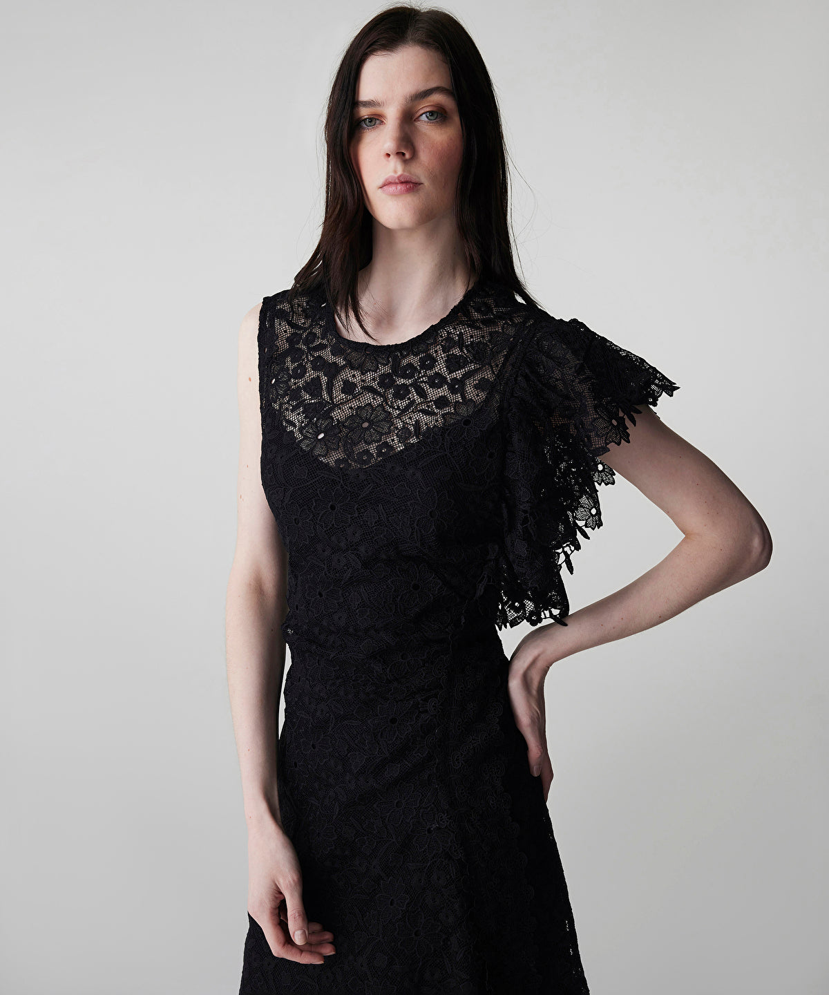 Zoomed Asymmetric Lace Midi Dress