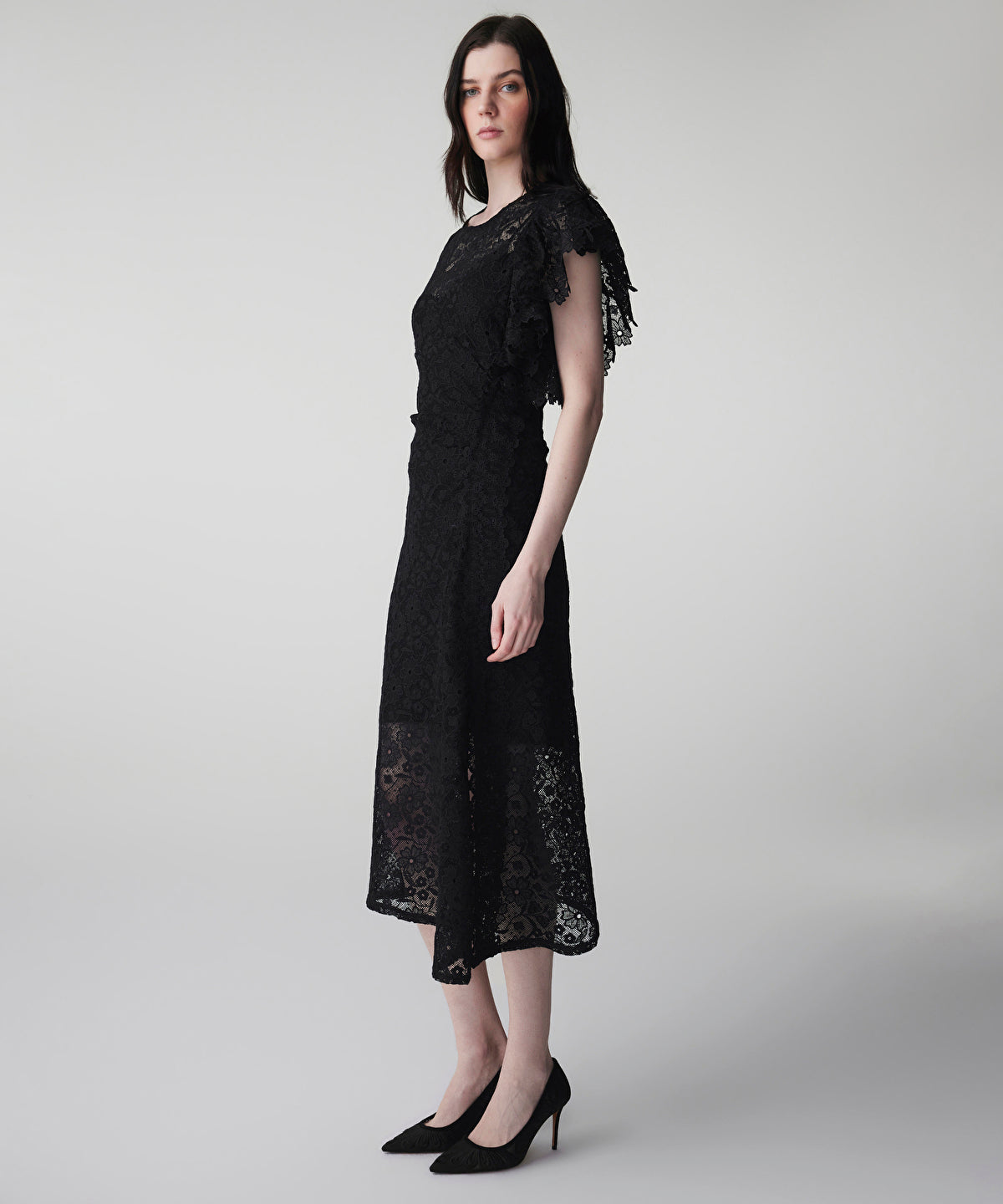 Zoomed Asymmetric Lace Midi Dress