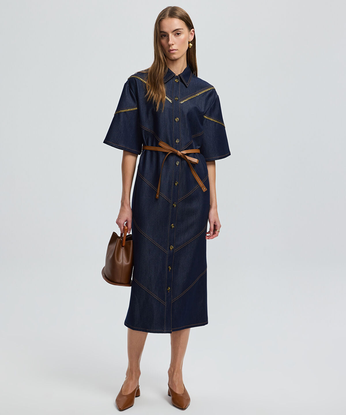Zoomed Contrast Trim Denim Shirt Dress