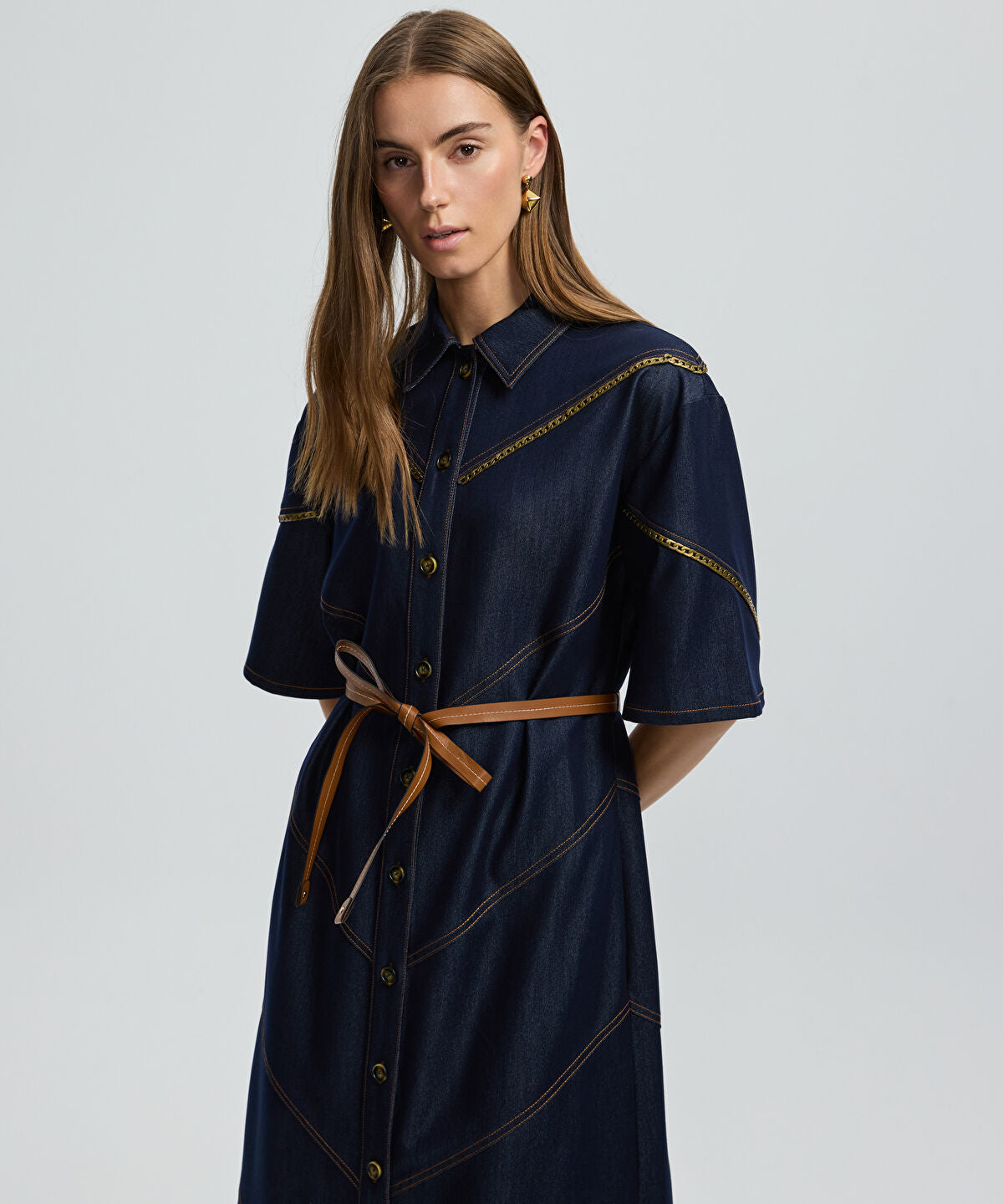 Contrast Trim Denim Shirt Dress