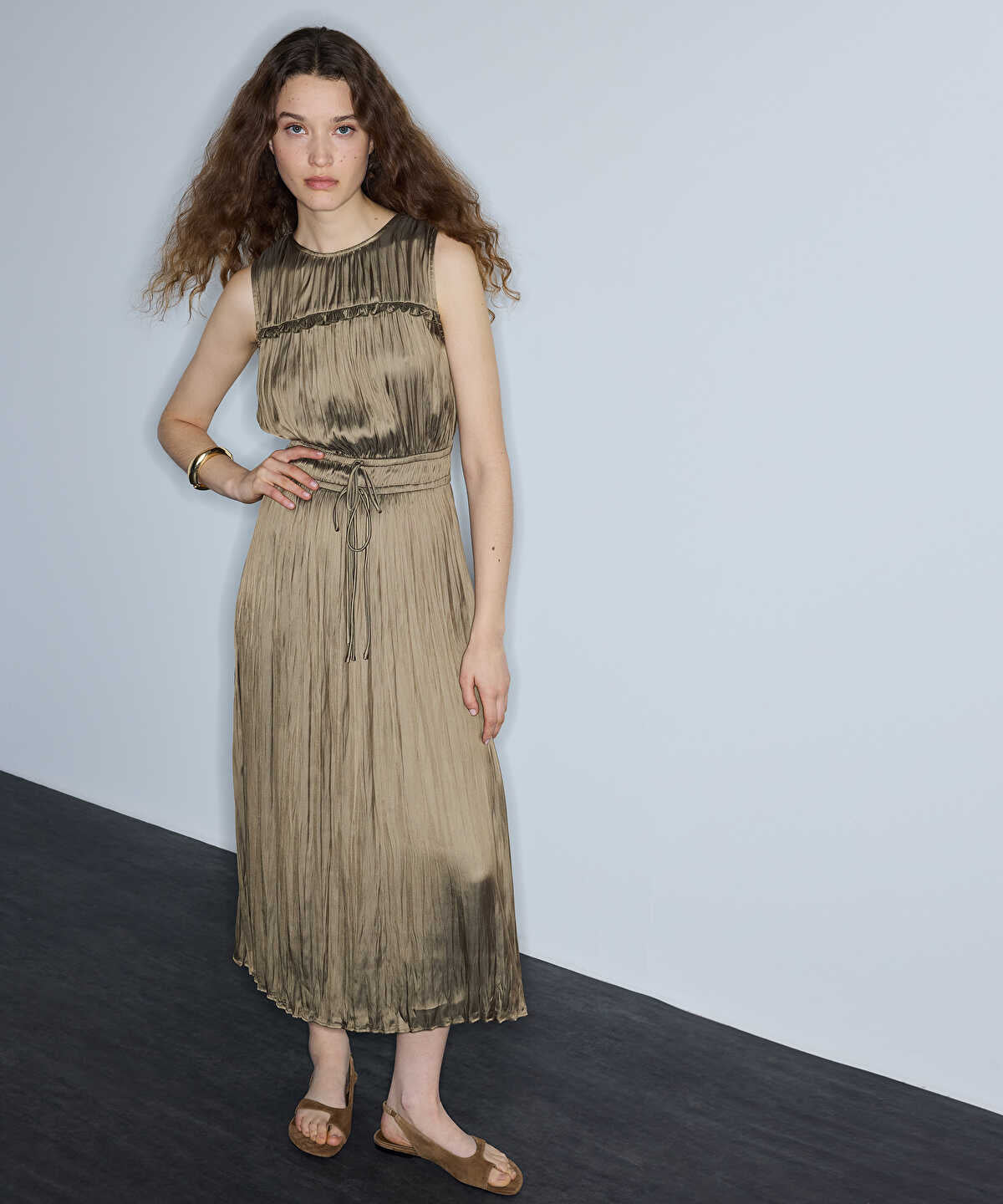 Satin-Effect Pleated Midi Dress