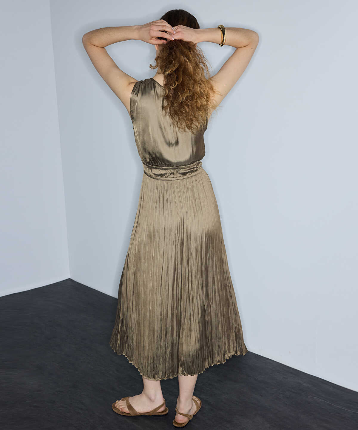 Satin-Effect Pleated Midi Dress